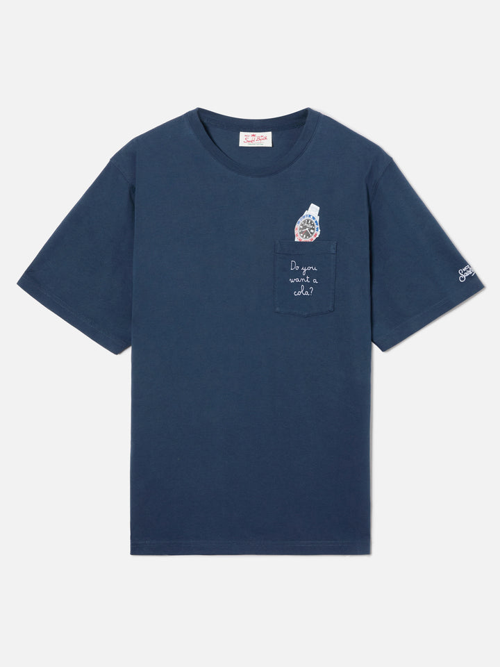 Blue Austin t-shirt with watch and Do You Want A Cola? embroidery