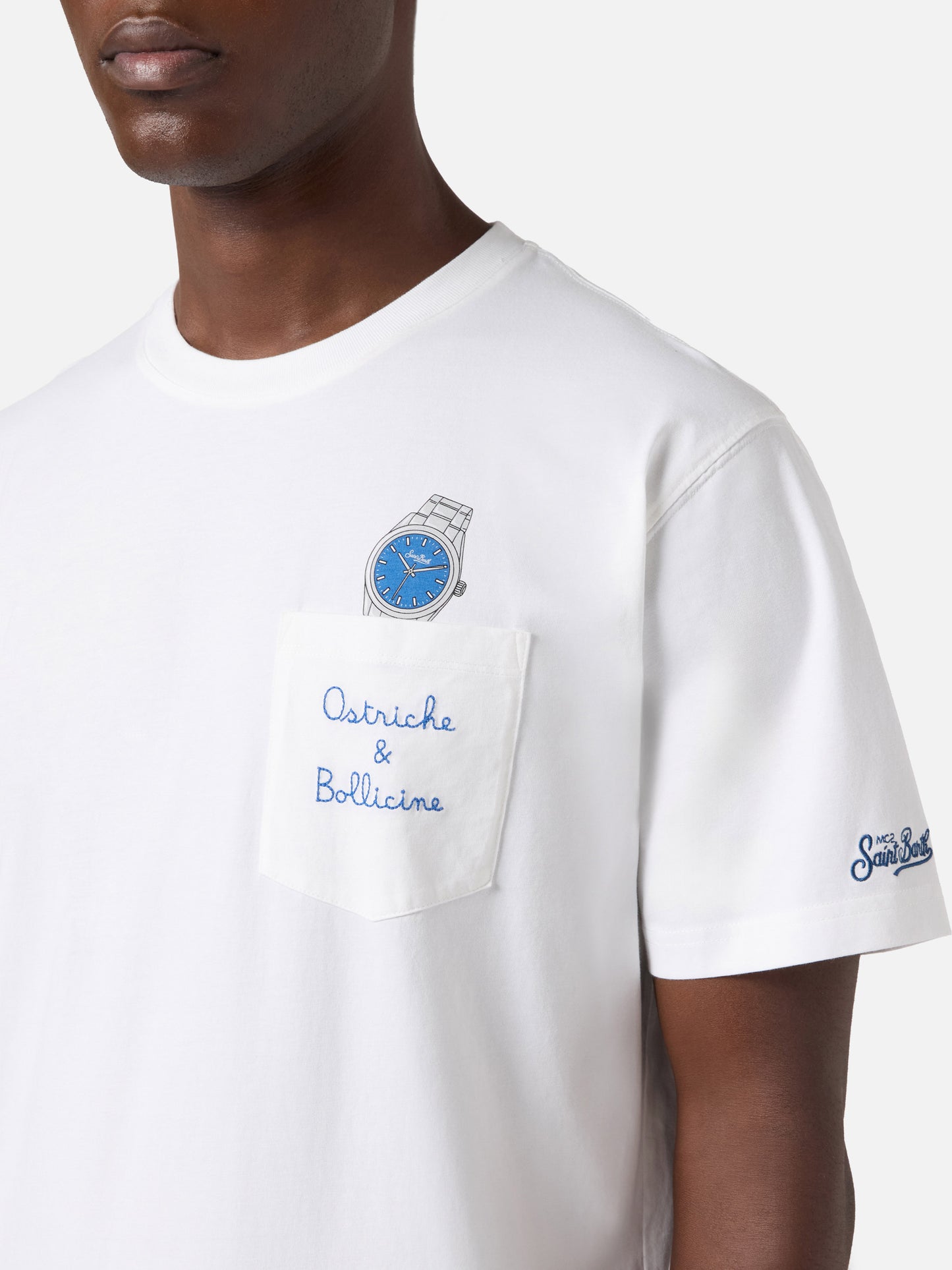 White Austin t-shirt with watch and Ostriche e Bollicine embroidery