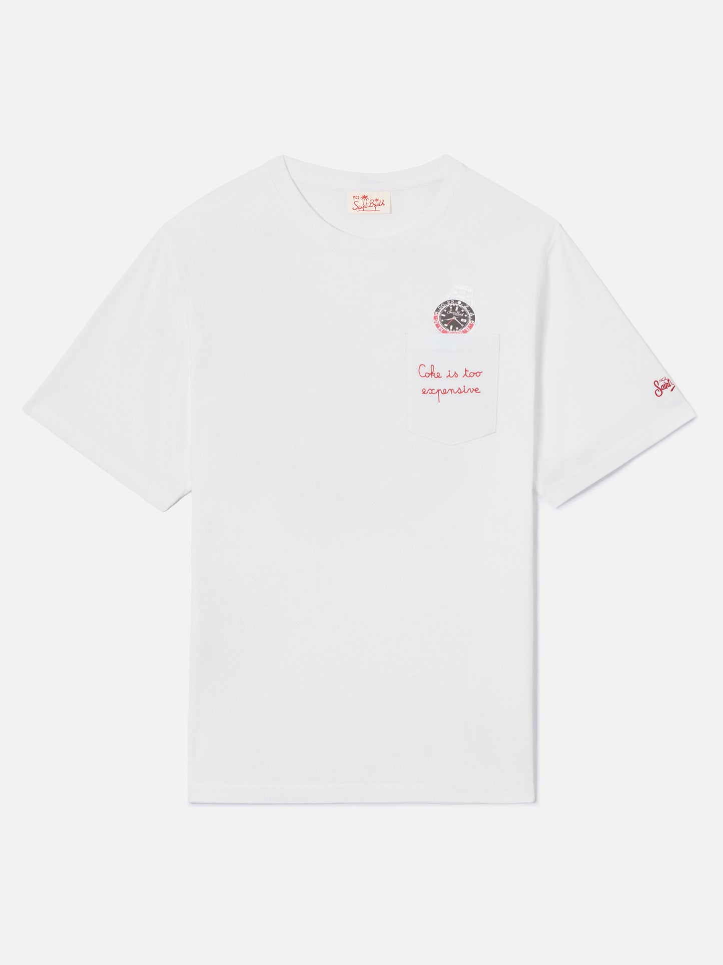 White Austin t-shirt with watch and Coke Is Too Expensive embroidery