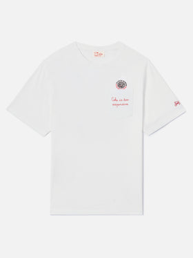 White Austin t-shirt with watch and Coke Is Too Expensive embroidery