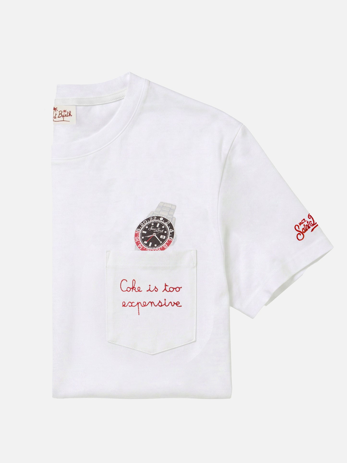 White Austin t-shirt with watch and Coke Is Too Expensive embroidery