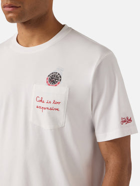 White Austin t-shirt with watch and Coke Is Too Expensive embroidery