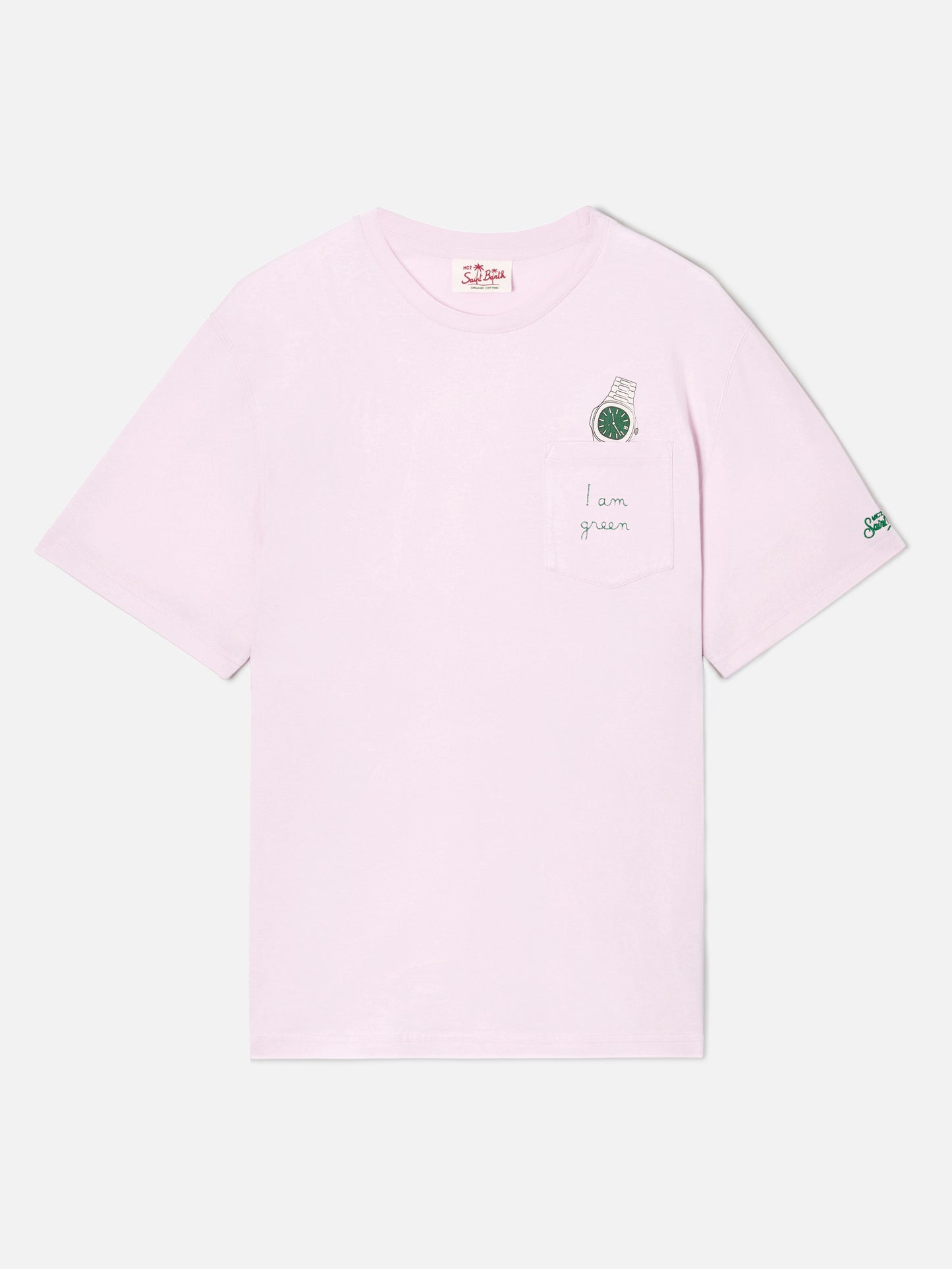 Pink Austin t-shirt with watch and I Am Green embroidery