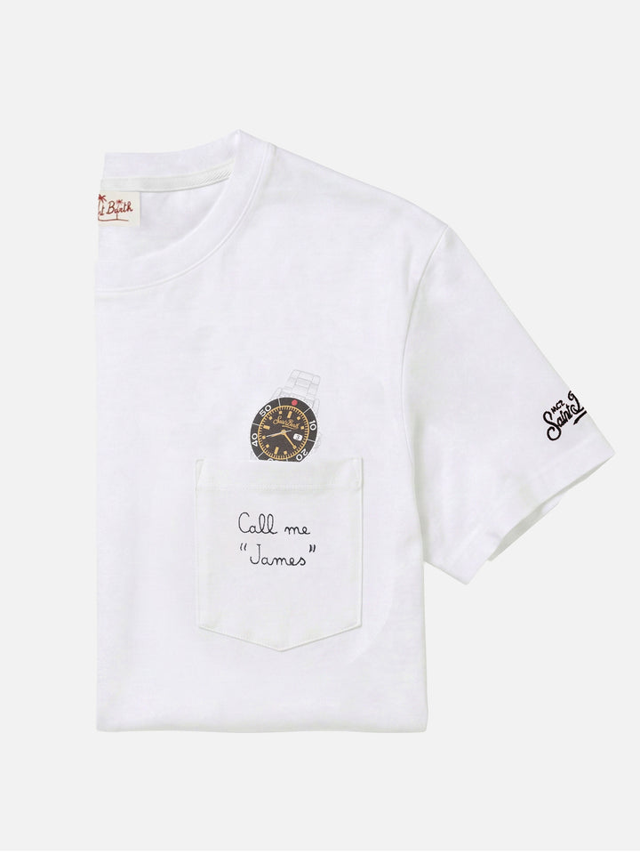 White Austin t-shirt with watch and Call Me James embroidery