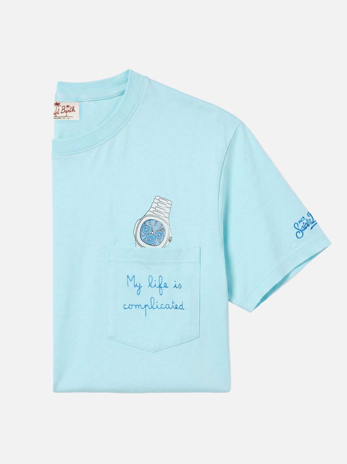 Camiseta Austin azul claro con bordado de reloj y My Life Is Complicated 