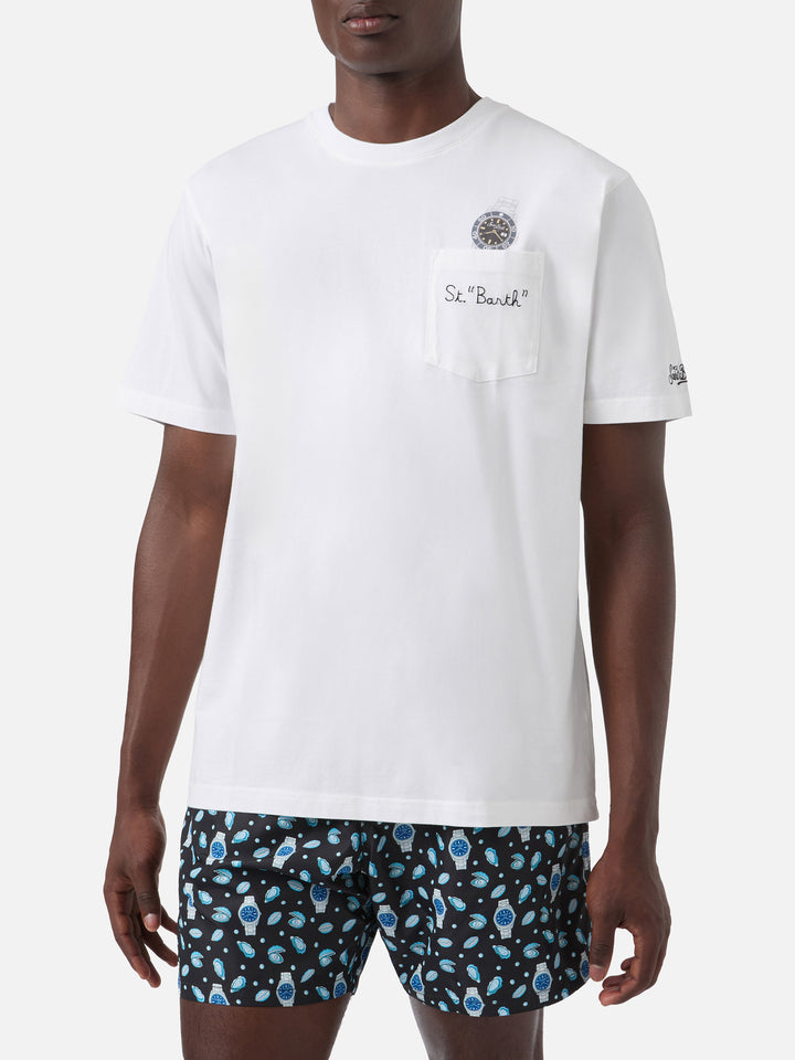 White Austin t-shirt with watch and St. Bart embroidery