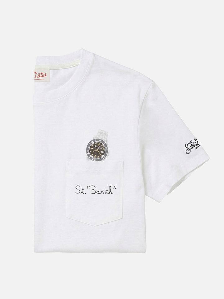 White Austin t-shirt with watch and St. Bart embroidery
