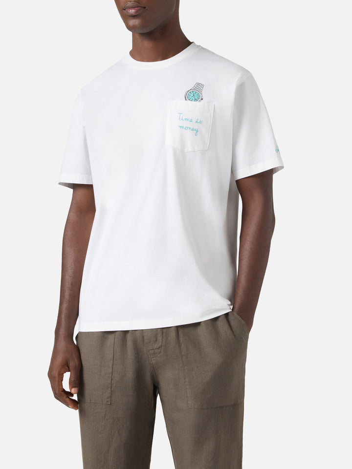 T-shirt Austin bianca con orologio e ricamo Time Is Money