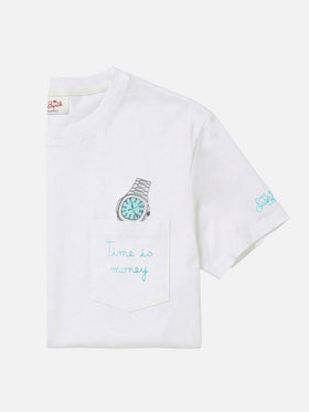 T-shirt Austin bianca con orologio e ricamo Time Is Money