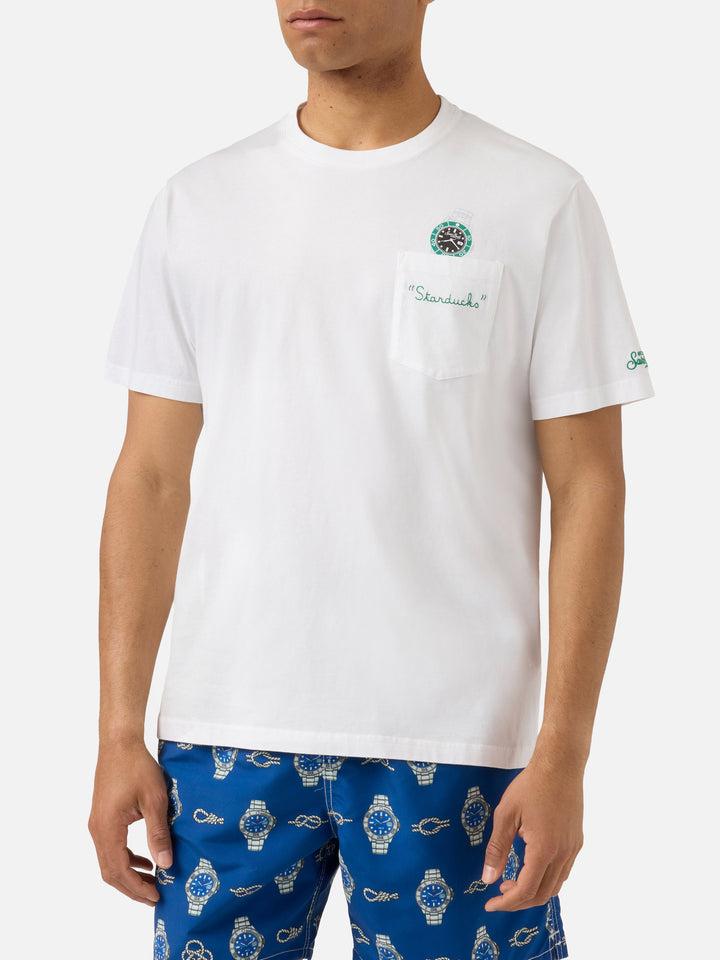 White Austin t-shirt with watch and Starduchs embroidery