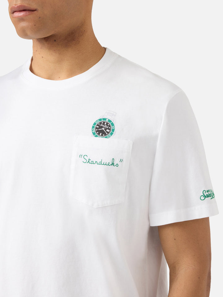 White Austin t-shirt with watch and Starduchs embroidery