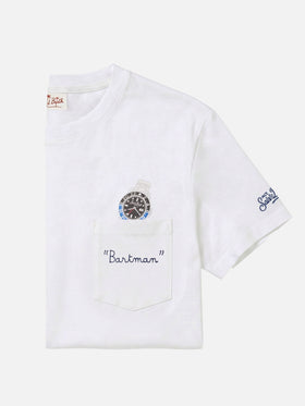 White Austin t-shirt with watch and Bartman embroidery