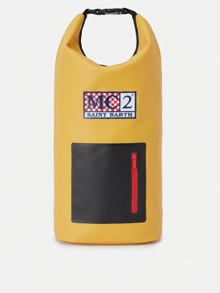Rucksack Aqua aus einfarbigem gelbem PVC mit gedrucktem Logo 