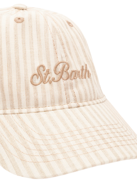 Cappellino da baseball in lino e cotone a righe beige