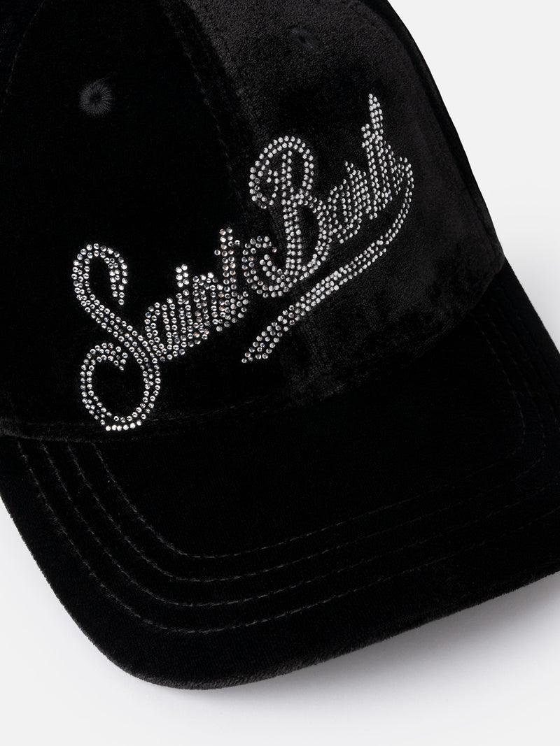 Schwarzes Samt-Baseball-Cap mit Strass-Logo