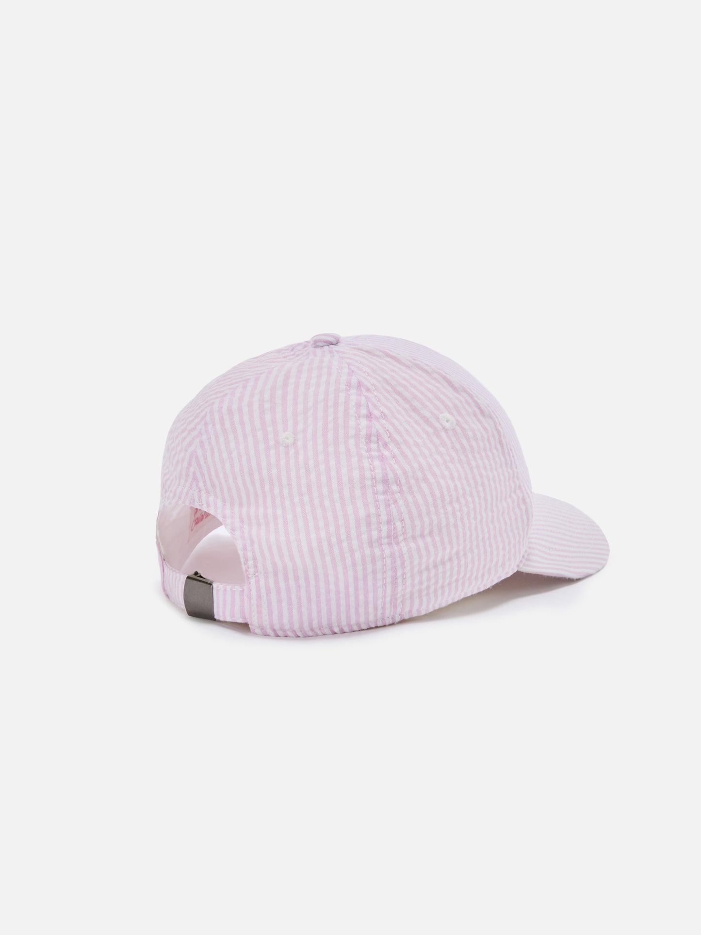 Baseball cap with visor in cotton seersucker with pink and white stripes
