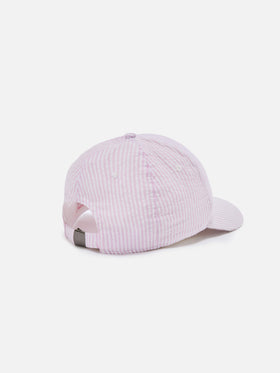 Baseball cap with visor in cotton seersucker with pink and white stripes