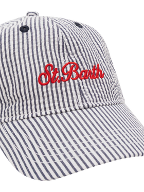 Baseballmütze aus Seersucker mit Streifen in Marineblau