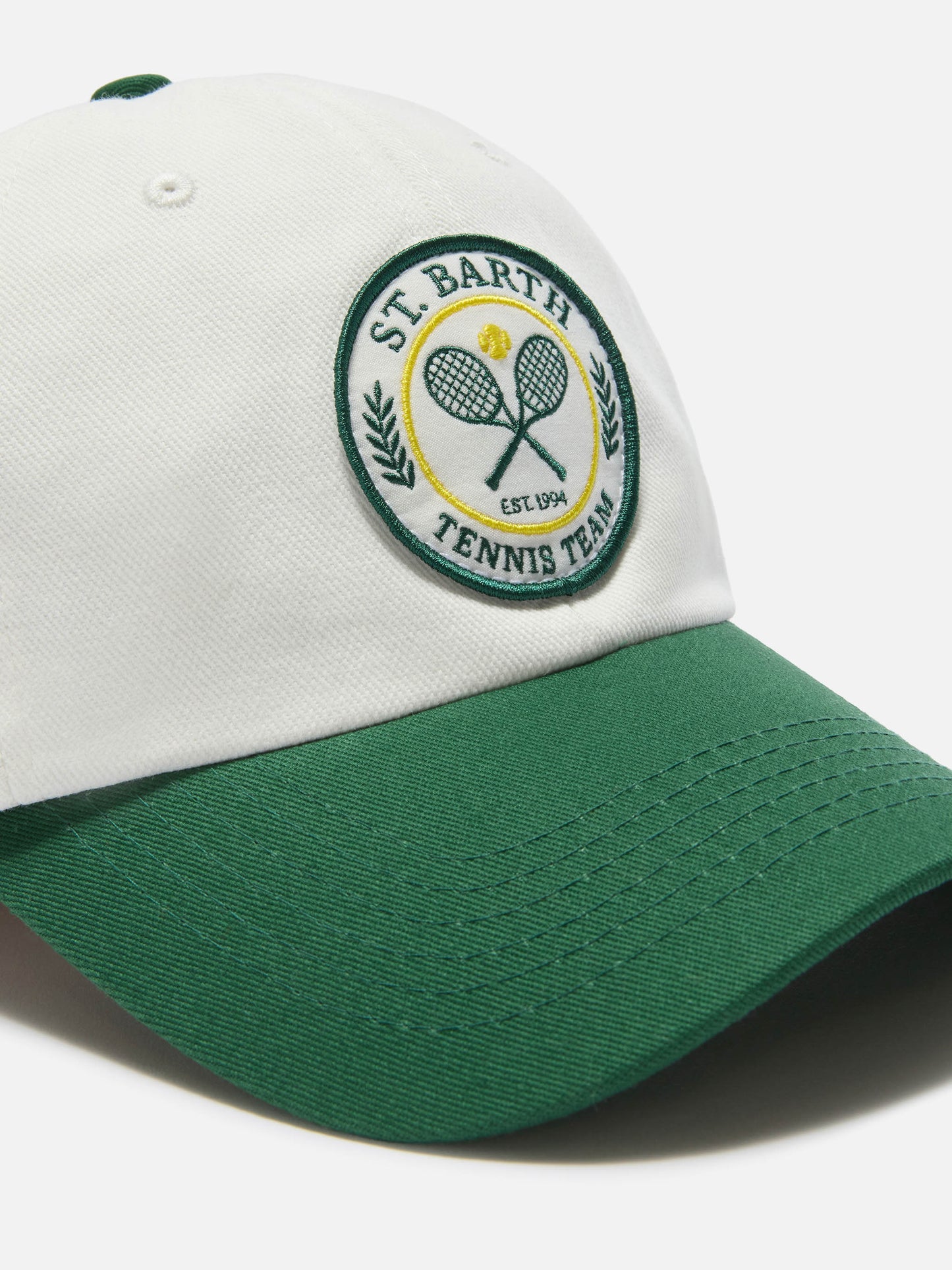 Cappellino Baseball con visiera in cotone bianco e verde con patch Tennis Team