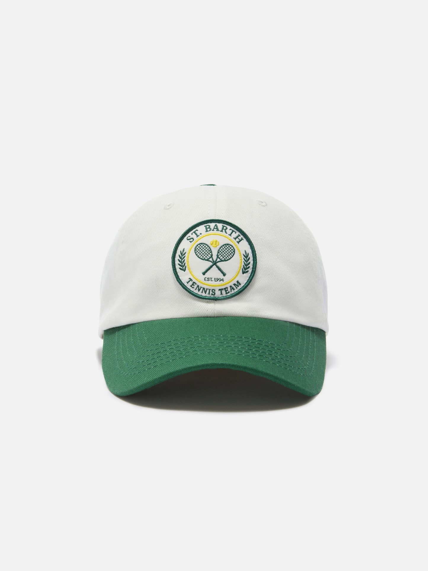 Cappellino Baseball con visiera in cotone bianco e verde con patch Tennis Team