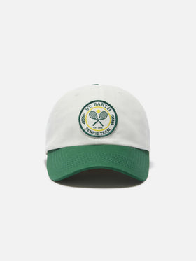 Cappellino Baseball con visiera in cotone bianco e verde con patch Tennis Team