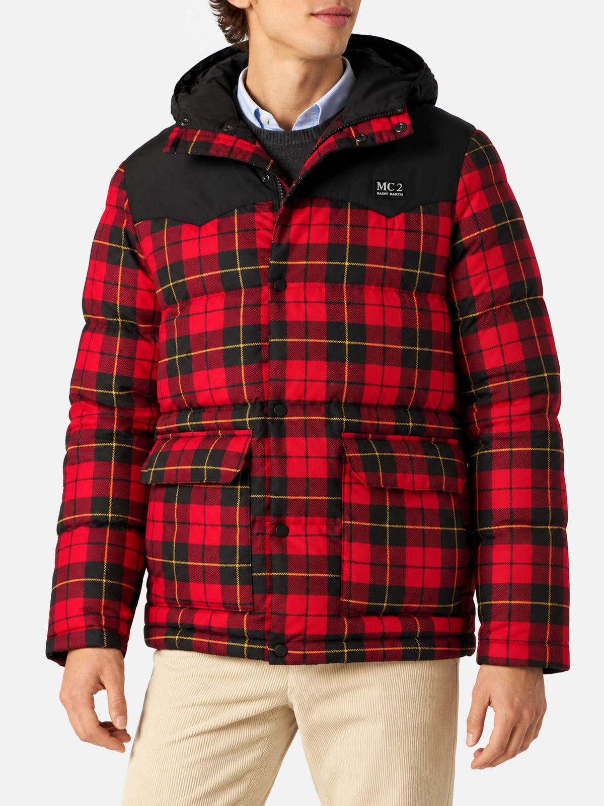 Piumino Baxter Tex con cappuccio con stampa tartan rossa