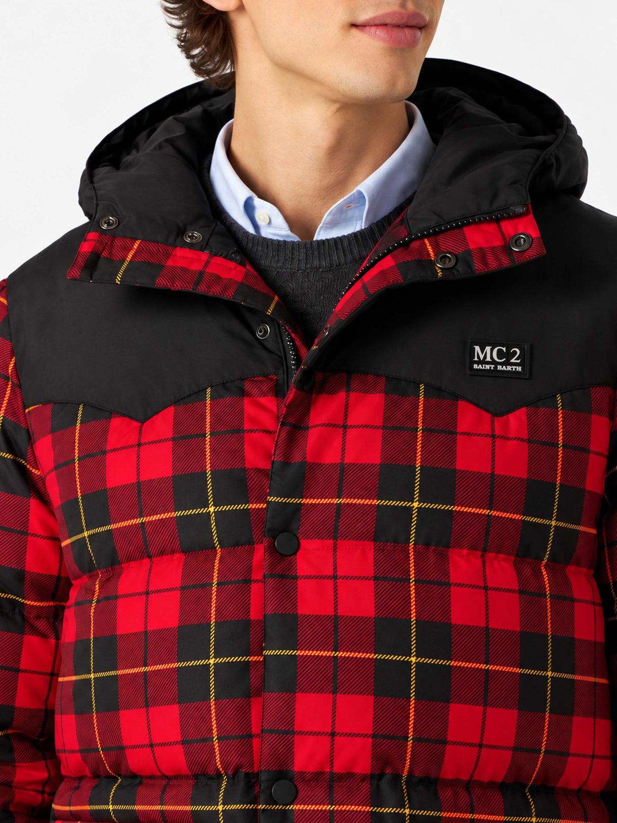 Piumino Baxter Tex con cappuccio con stampa tartan rossa