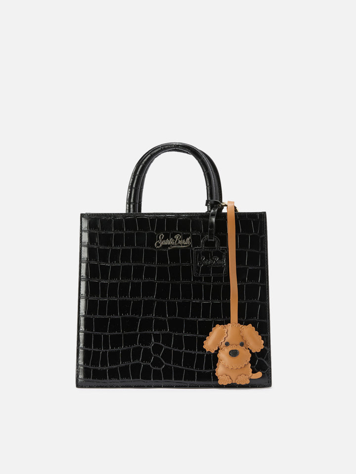 Bag charm a forma di cane in pelle liscia con targhetta logo