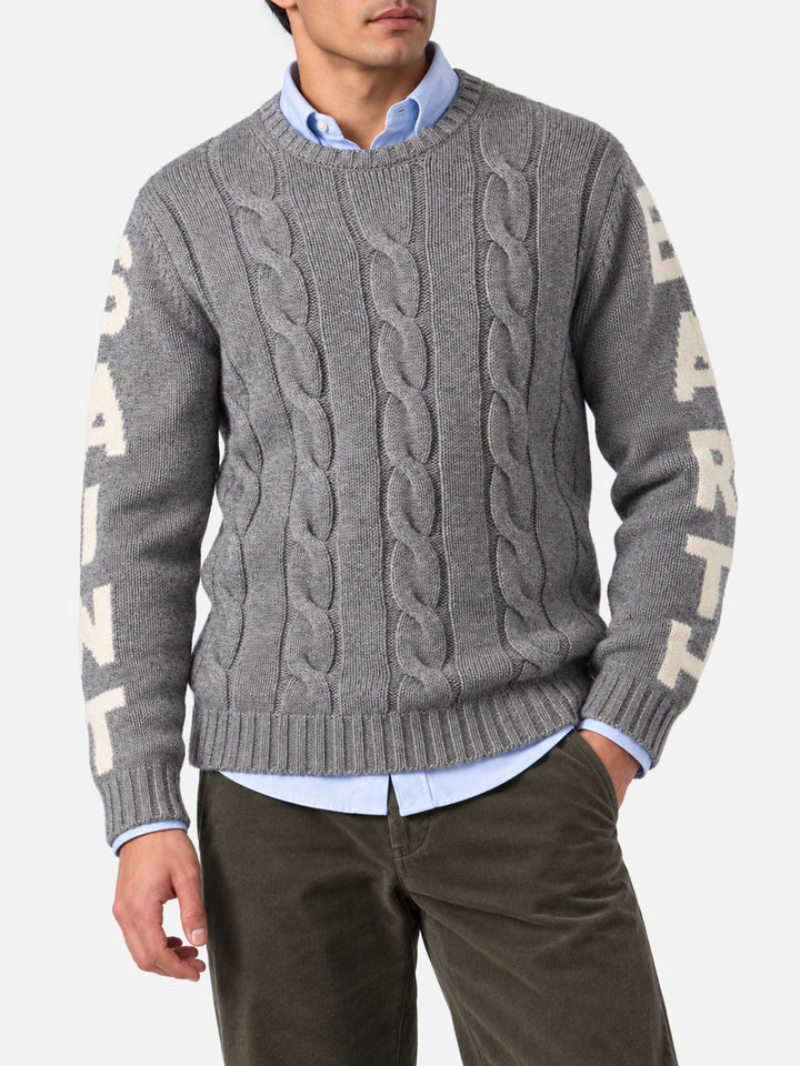 Grey melange Bergen cable knit sweater with logo jacquard