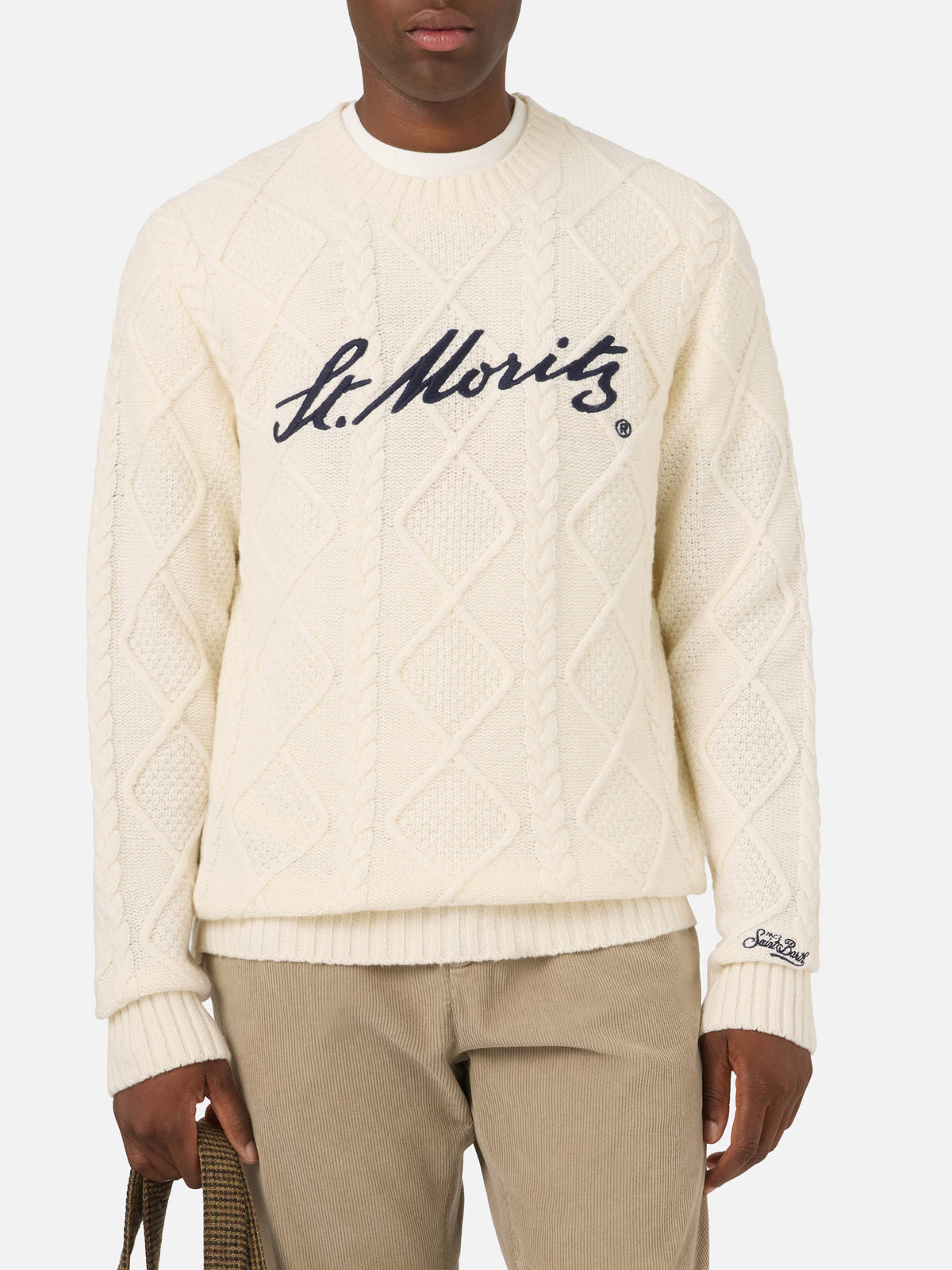 Jersey de punto trenzado color crema con cuello redondo y bordado St. Moritz | Special edition 