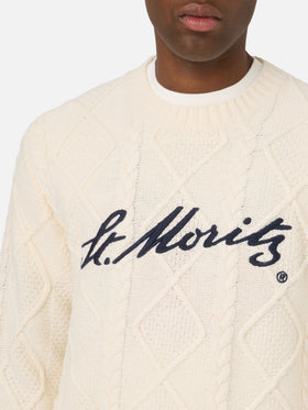 Jersey de punto trenzado color crema con cuello redondo y bordado St. Moritz | Special edition 