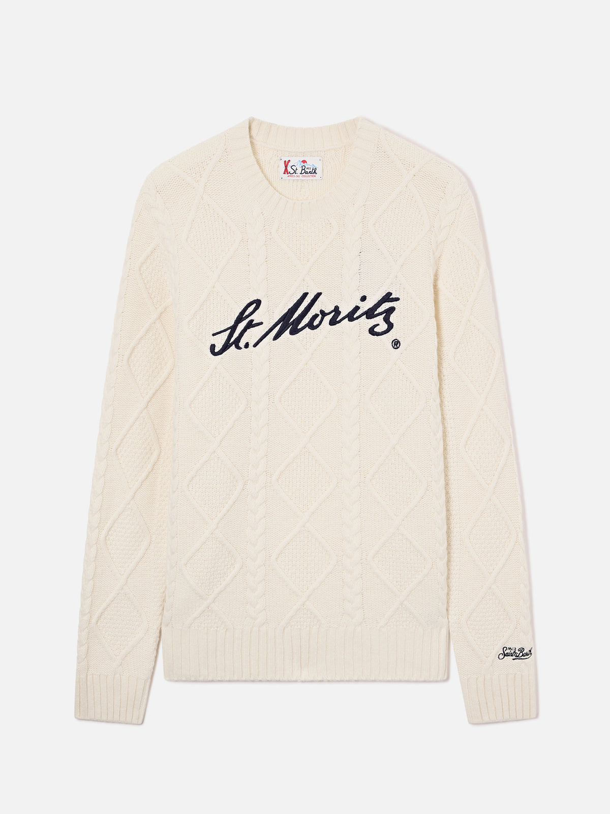 Jersey de punto trenzado color crema con cuello redondo y bordado St. Moritz | Special edition 