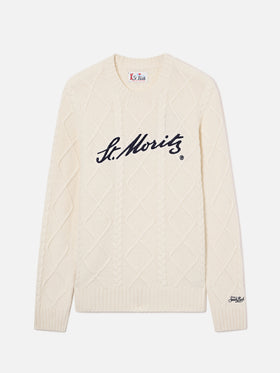 Jersey de punto trenzado color crema con cuello redondo y bordado St. Moritz | Special edition 