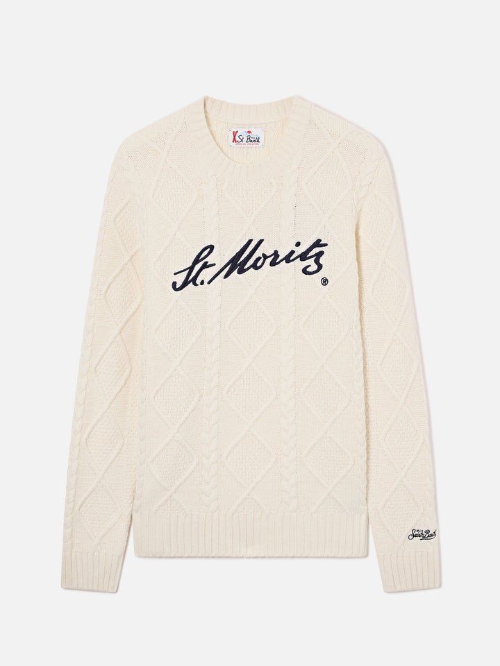 Cream Bergen cable knit crewneck with St. Moritz embroidery | Special edition