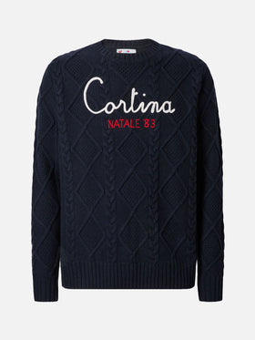 Blauer Rundhalspullover Bergen Tricot mit Cortina Natale '83 Stickerei