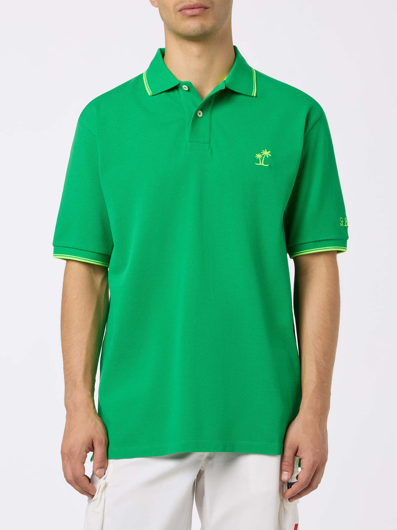 Grünes Poloshirt aus Baumwoll-Piqué für Herren, Beverly Hills, mit Palmenstickerei