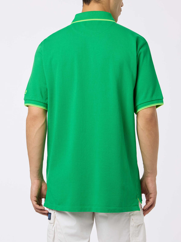 Man green cotton piquet polo shirt Beverly Hills with palm embroidery