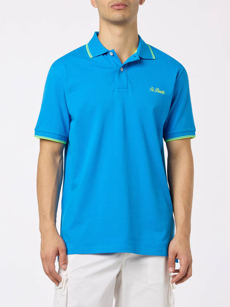 Man bluette cotton piquet polo shirt Beverly Hills with palm