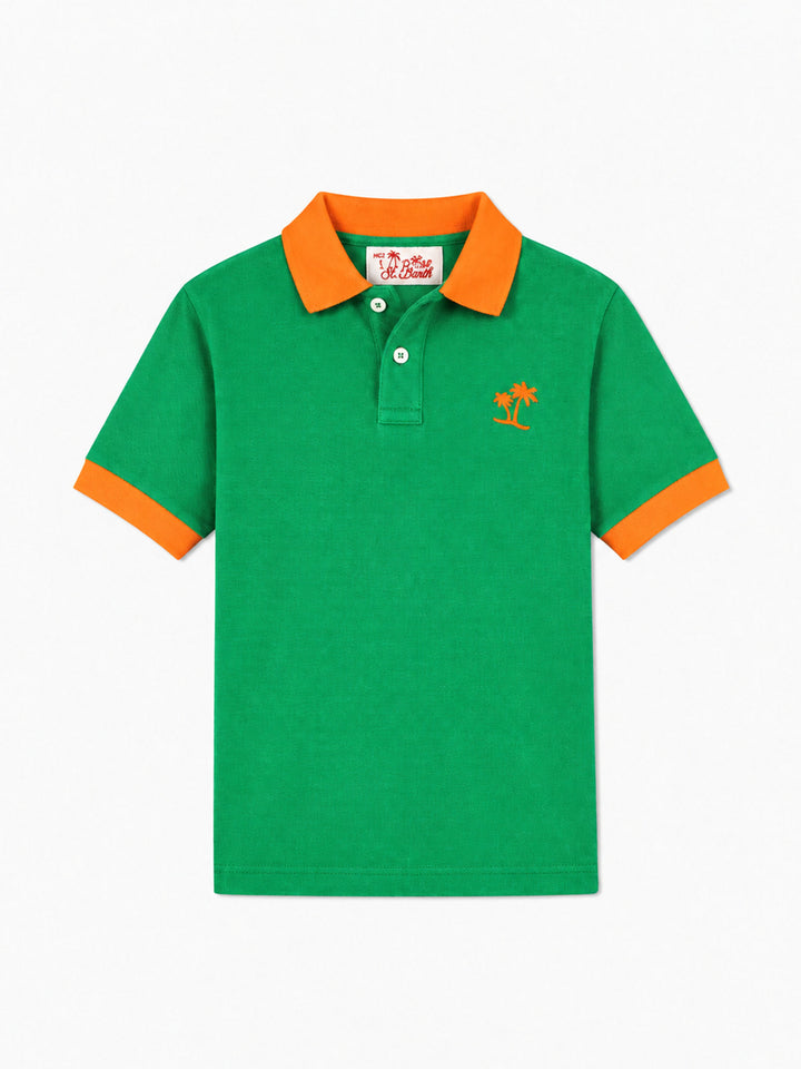 Polo de piqué verde para niño con logo St. Barth naranja 