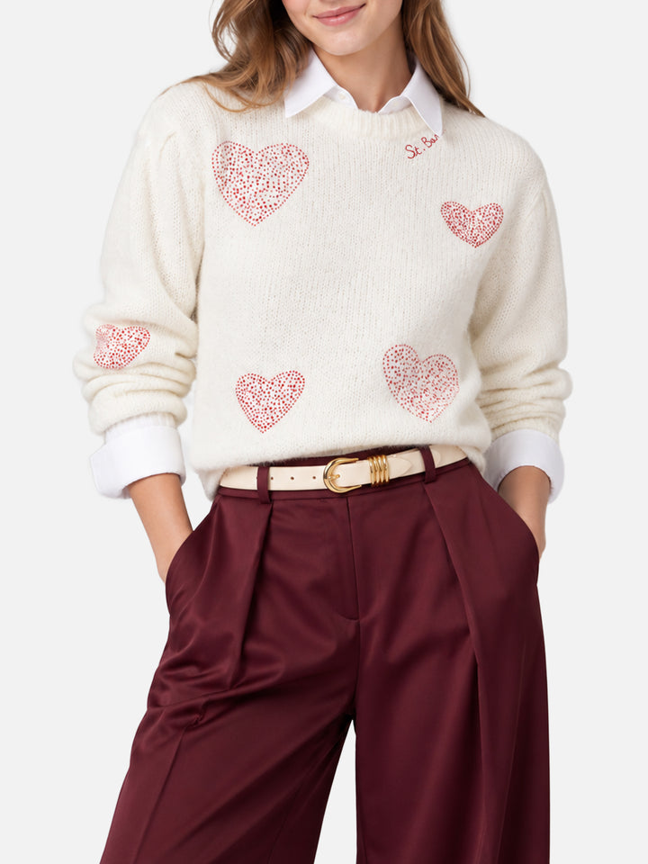 Maglione Bloom Soft bianco con cuori in strass rossi