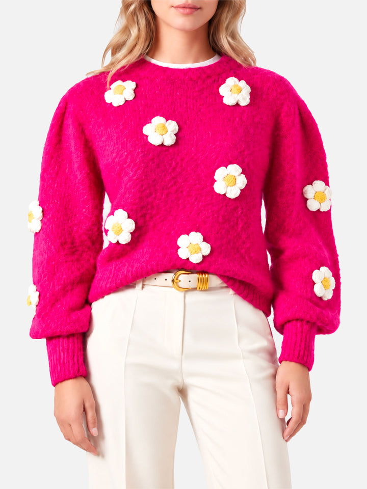 Gebürsteter Pullover in Fuchsia Bloom mit gehäkelten Blumen 