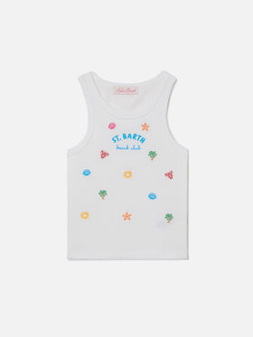 Camiseta de tirantes Blue Jr en algodón elástico blanco con bordado multicolor 