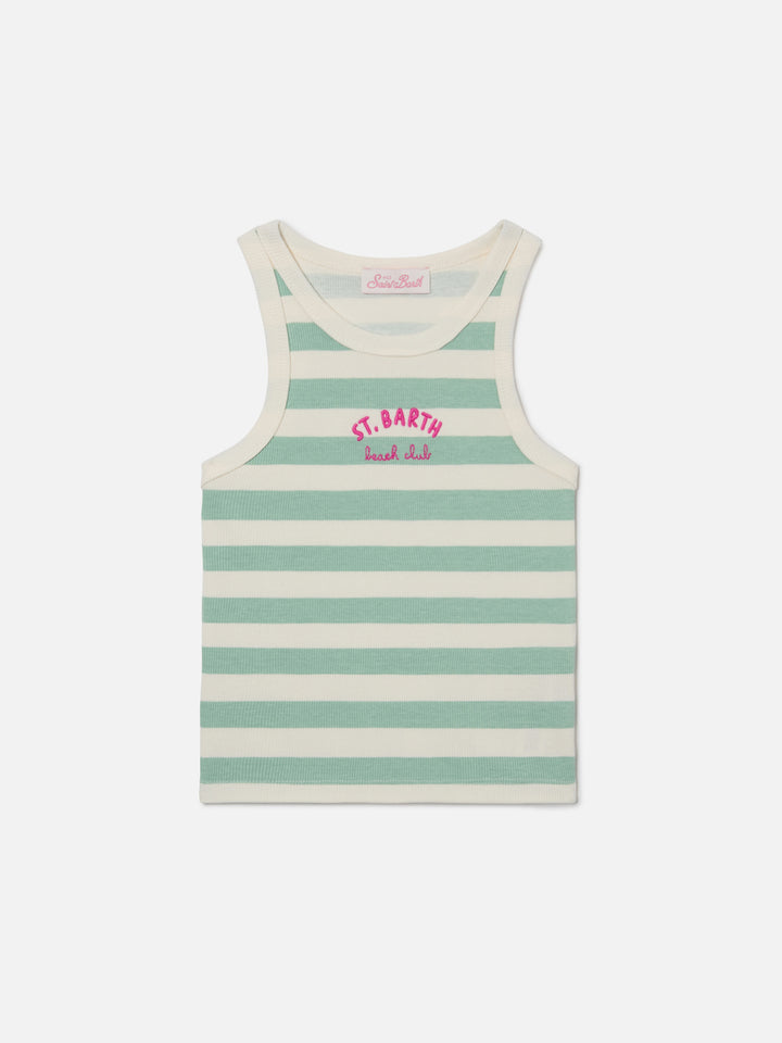 Camiseta de tirantes Blue Jr con rayas verdes y blancas y logo bordado 