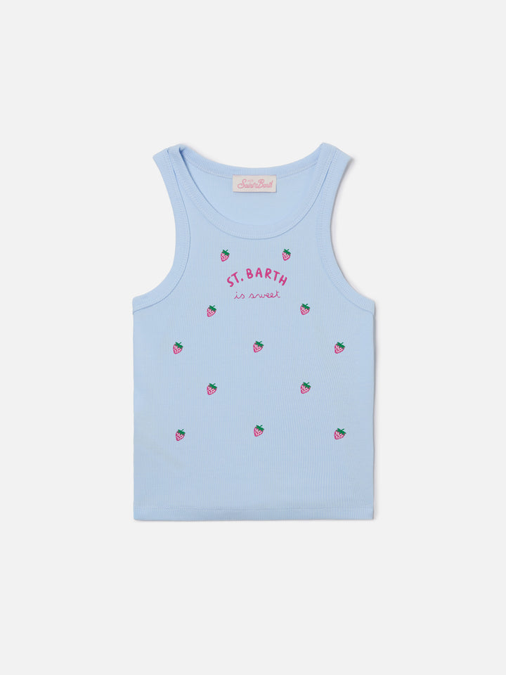 Blue Jr Tank-Top in light blue with St. Barth is sweet embroidery and strawberries