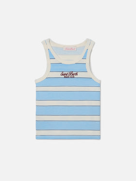 Blaues Blue Jr Tanktop mit hellblauen und cremefarbenen Streifen und gesticktem Logo 
