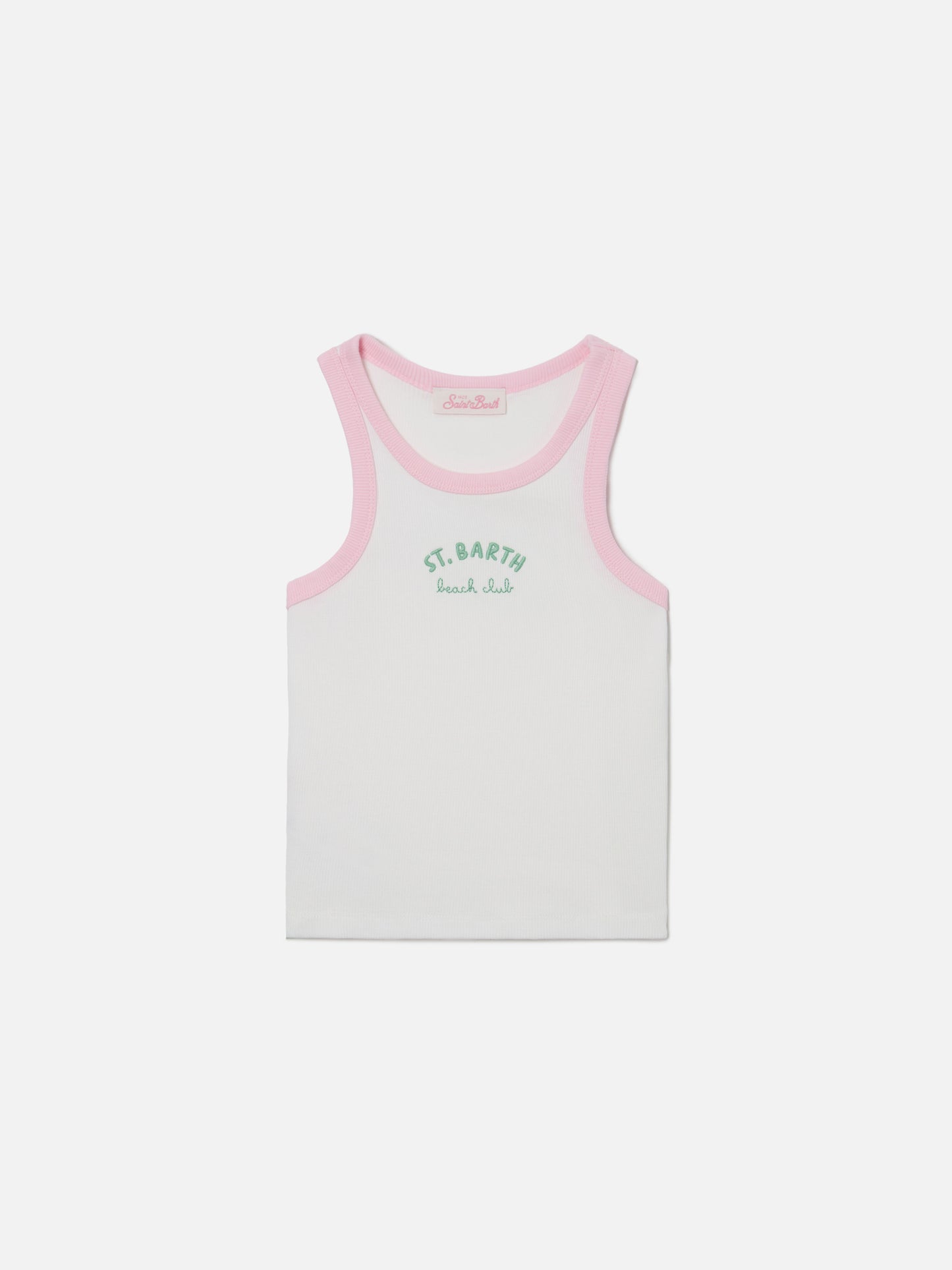 Blue Jr Tank-Top in white with embroidered logo and pink trims