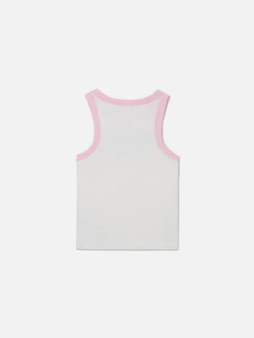 Blue Jr Tank-Top in white with embroidered logo and pink trims
