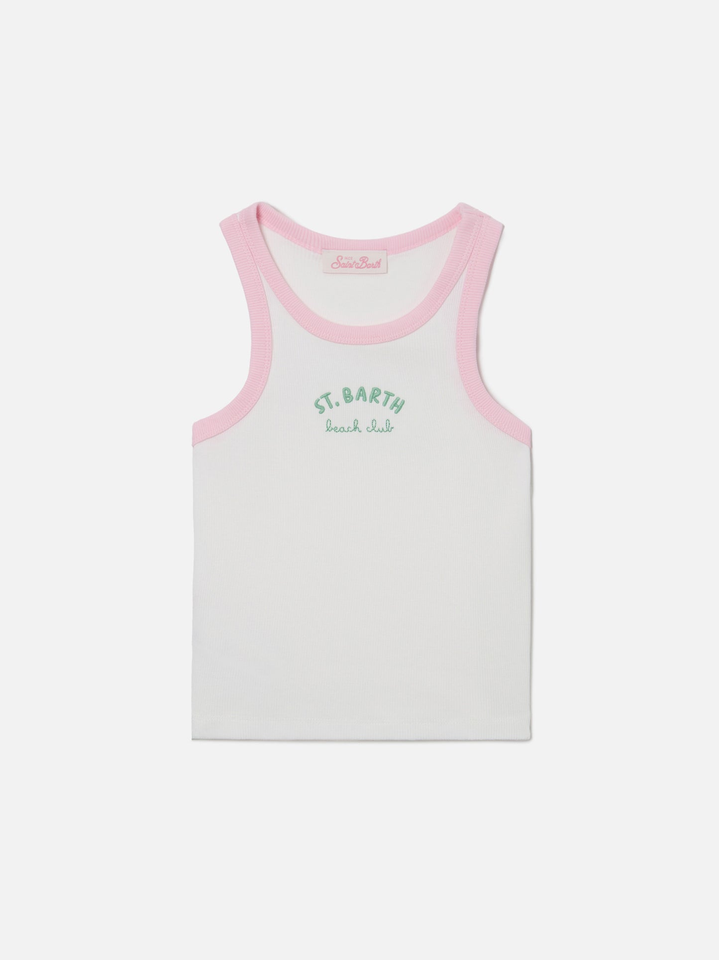 Top Blue Jr bianco con logo ricamato e profili rosa