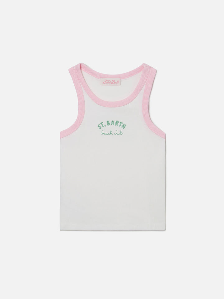 Blue Jr Tank-Top in white with embroidered logo and pink trims