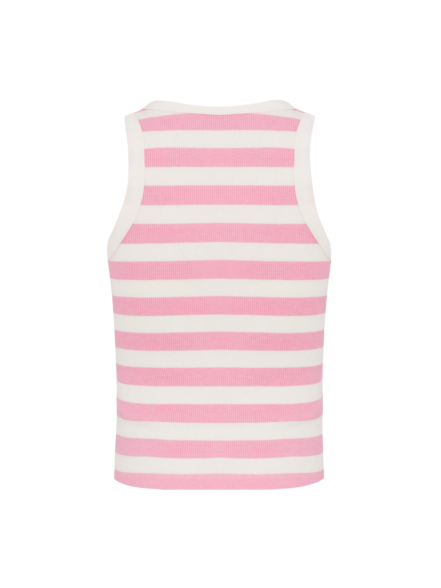 Top corto Blue Jr in maglia a coste a righe rosa con ricamo